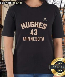 Alt Text: Nice Quinn Hughes Minnesota 43 player ladies tee featuring a stylish design for hockey fans.