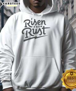 Alt Text: Stylish Nice Risen From Rust Buffalo Bills hoodie in blue and red, perfect for fans and casual wear.