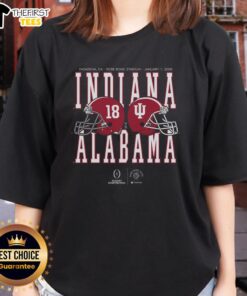 2026 Rose Bowl Game Alabama vs Indiana helmet matchup on a ladies tee, showcasing team pride and football spirit.