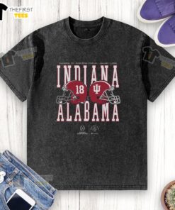 2026 Rose Bowl Game Alabama vs Indiana helmet matchup on a washed T-shirt, showcasing team pride and college football spirit.