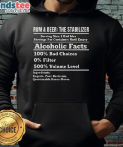 Stylish hoodie featuring 'Nice Rum and Beer Stabilizer' graphic, perfect for alcohol facts enthusiasts and bad choices fans.