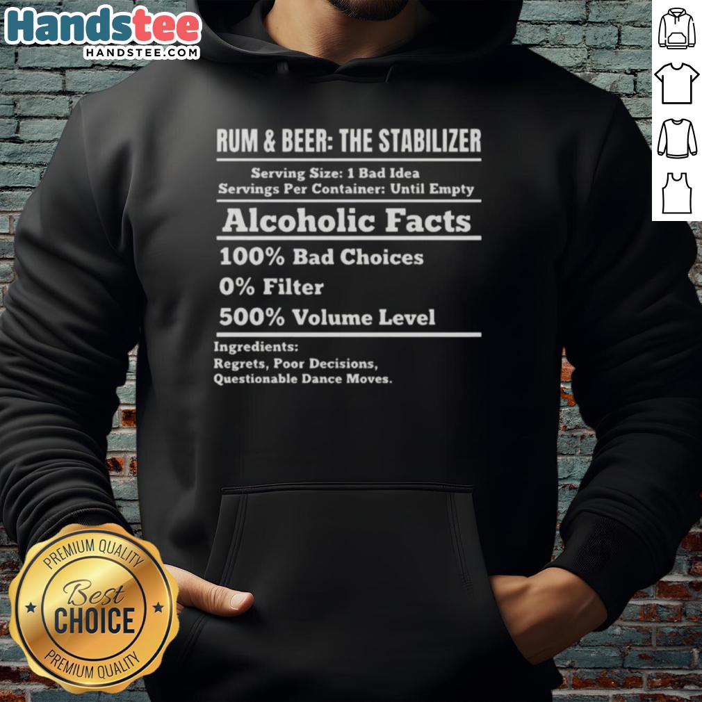 nice-rum-and-beer-stabilizer-alcoholic-facts-100-bad-choices-0-filter-500-volume-level-hoodie Stylish hoodie featuring 'Nice Rum and Beer Stabilizer' graphic, perfect for alcohol facts enthusiasts and bad choices fans.