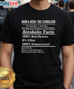 Alt Text: Nice Rum And Beer Stabilizer T-Shirt showcasing humorous alcoholic facts and bold graphics, perfect for party lovers.