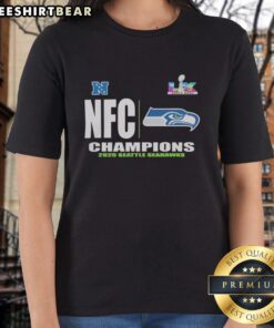 Nice Seattle Seahawks 2025 NFC Champions Ladies Tee showcasing team colors and logo, perfect for female fans.