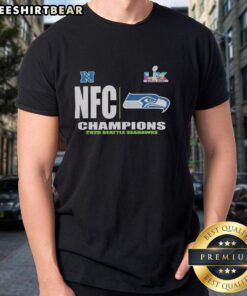Alt Text: Nice Seattle Seahawks 2025 NFC Champions T-Shirt in blue and green, celebrating the team's championship victory.