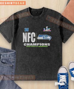 Alt Text: 2025 NFC Champions Seattle Seahawks washed t-shirt featuring team colors and logo, perfect for fans.