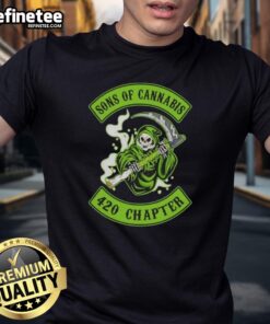 Alt Text: Nice Skull Son Of Cannabis 420 Chapter Grim Reaper Logo T-Shirt design featuring a skull and cannabis elements.