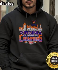 Virginia TaxSlayer Gator Bowl Champions 2025 hoodie with a stunning skyline backdrop, showcasing team pride and style.
