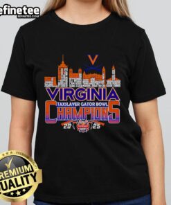 Virginia skyline with Taxslayer Gator Bowl Champions 2025 ladies tee displayed prominently.