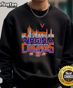 Virginia TaxSlayer Gator Bowl Champions 2025 sweatshirt featuring a vibrant skyline design in the background.