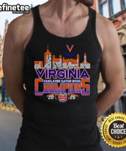 Virginia skyline with 2025 TaxSlayer Gator Bowl Champions tank top, showcasing team pride and vibrant city atmosphere.