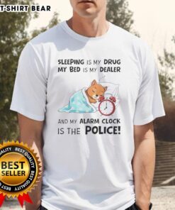 Alt Text: Funny 'Nice Sleeping Is My Drug' t-shirt design featuring bed and alarm clock graphics, perfect for sleep lovers.