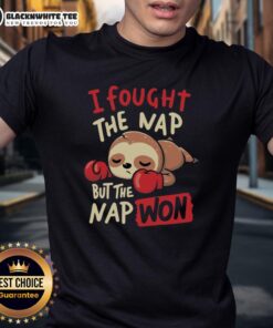 Alt Text: Nice Sloth Boxing I Fought The Nap But The Nap Won T-Shirt featuring a cute sloth in a boxing stance.