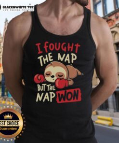 Funny tank top featuring a sloth boxing with the phrase 'I fought the nap but the nap won' for sloth lovers.