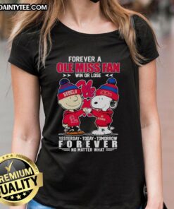 Nice Snoopy and Charlie Brown Forever Ole Miss Rebels Fan Tee for ladies, celebrating team spirit win or lose.