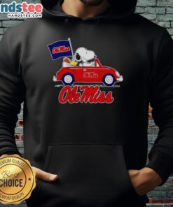 Snoopy and Woodstock in Ole Miss Rebels football flag hoodie, showcasing team spirit and playful design.