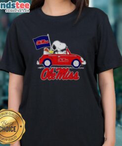 Alt Text: Nice Snoopy and Woodstock driving Ole Miss Rebels football flag ladies tee, perfect for game day style.