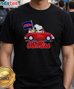 Nice Snoopy and Woodstock driving Ole Miss Rebels football flag T-shirt, perfect for fans of Snoopy and college football.