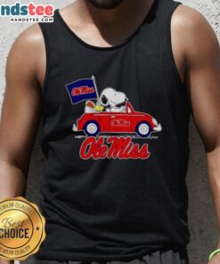 Alt Text: Snoopy and Woodstock driving on a tank top featuring Ole Miss Rebels football flag design.