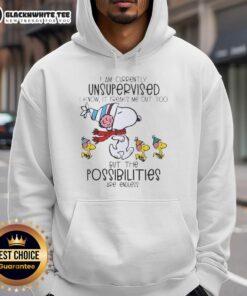 Snoopy and Woodstock hoodie featuring 'I Am Currently Unsupervised' text. Fun and stylish Peanuts-themed apparel.