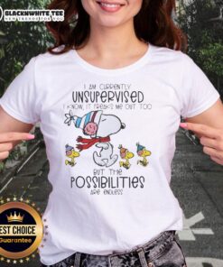 Alt Text: Ladies tee featuring Snoopy and Woodstock with the quote 'I am currently unsupervised, I know it freaks me out too.'