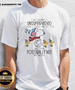 Alt Text: Snoopy and Woodstock graphic tee featuring 'I Am Currently Unsupervised, I Know It Freaks Me Out Too' slogan.