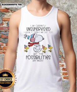 Alt Text: Snoopy and Woodstock graphic on a tank top with 'I am currently unsupervised, I know it freaks me out too.'