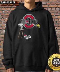 Alt Text: Snoopy and Woodstock painting on Ohio State Buckeyes hoodie, showcasing vibrant colors and team spirit.