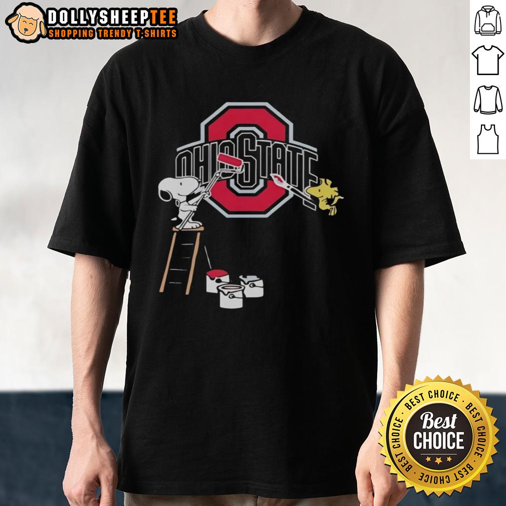Nice Snoopy And Woodstock Painting Ohio State Buckeyes T Shirt Alt Text: Nice Snoopy and Woodstock painting on Ohio State Buckeyes T-shirt, showcasing a fun and colorful fan design.