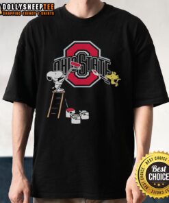 Alt Text: Nice Snoopy and Woodstock painting on Ohio State Buckeyes T-shirt, showcasing a fun and colorful fan design.