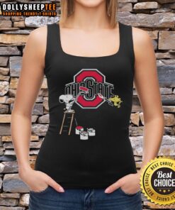 Ohio State Buckeyes tank top featuring a colorful Snoopy and Woodstock painting, perfect for fans and casual wear.