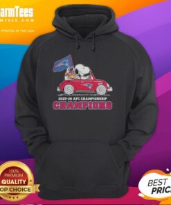 Alt Text: Snoopy and Woodstock in a New England Patriots car celebrating 2025-26 AFC Championship on a cozy hoodie.