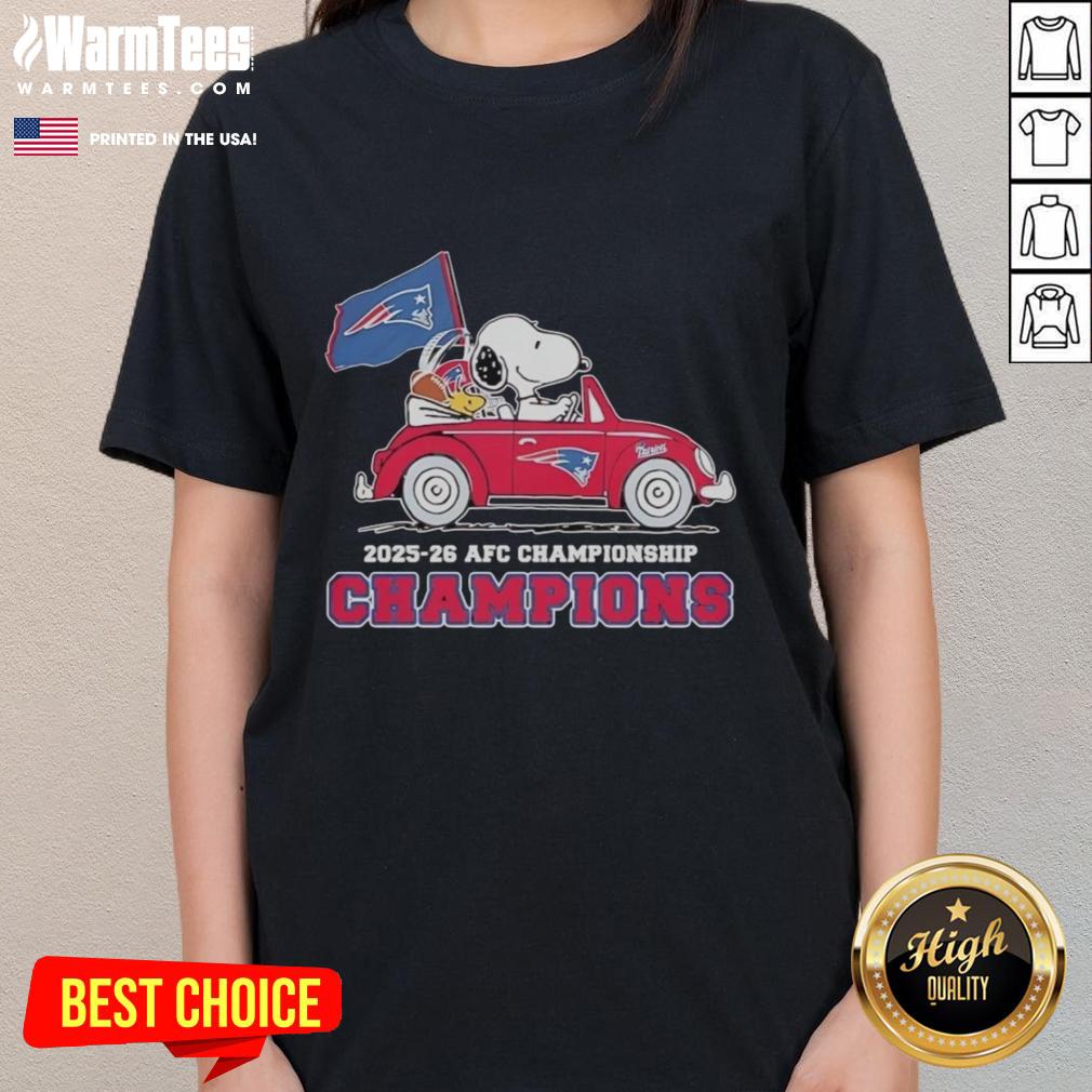 nice-snoopy-and-woodstock-riding-new-england-patriots-car-afc-championship-champions-2025-26-ladies-tee Alt Text: Snoopy and Woodstock celebrate in a New England Patriots car for the AFC Championship 2025-26 on a ladies' tee.