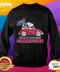 Snoopy and Woodstock in a New England Patriots car on a sweatshirt celebrating the AFC Championship Champions 2025-26.