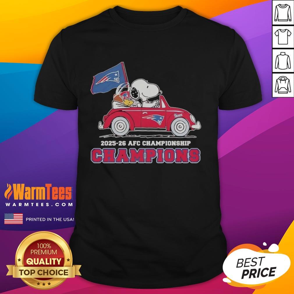 nice-snoopy-and-woodstock-riding-new-england-patriots-car-afc-championship-champions-2025-26-t-shirt Nice Snoopy and Woodstock in New England Patriots car on AFC Championship Champions 2025-26 T-Shirt design.