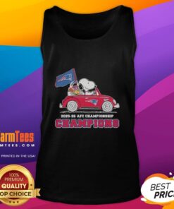 Alt Text: Snoopy and Woodstock riding in a New England Patriots car, celebrating the AFC Championship Champions 2025-26 tank top.