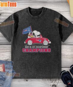 Alt Text: Snoopy and Woodstock riding a New England Patriots car, celebrating AFC Championship Champions 2025-26 on a washed t-shirt.