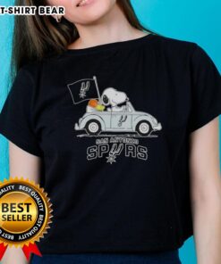 Snoopy driving a car in a San Antonio Spurs basketball-themed ladies tee design, perfect for sports fans.