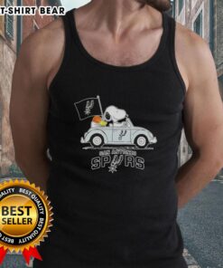 Snoopy driving a car in a San Antonio Spurs basketball tank top, showcasing a fun sports-themed design.