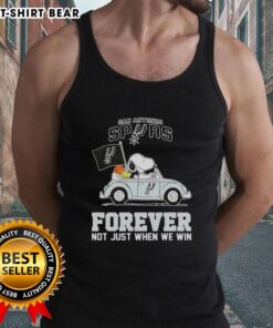 Alt Text: Snoopy driving a car in a San Antonio Spurs tank top, celebrating the team's spirit, Forever, Not Just When We Win.