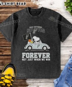 Snoopy driving a car in a San Antonio Spurs t-shirt, showcasing 'Forever, Not Just When We Win' design.