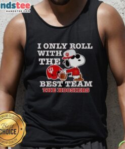 Funny Snoopy tank top featuring 'I Only Roll With The Best Team - Indiana Hoosiers' and a playful 'Sorry I'm Late' message.