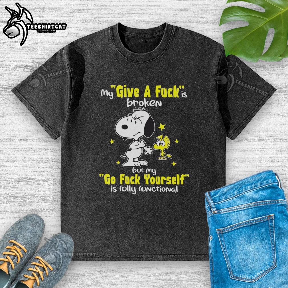 nice-snoopy-my-give-a-fck-is-broken-but-my-go-fck-yourself-is-fully-functional-washed-t-shirt Alt Text: Funny Snoopy graphic t-shirt featuring 'My Give A F*ck Is Broken' quote, perfect for casual wear and humor lovers.