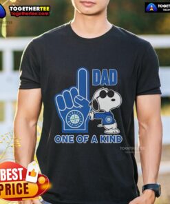 Alt Text: Snoopy Seattle Mariners Dad One Of A Kind T-Shirt featuring colorful design, perfect for baseball fans and dads.