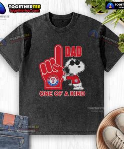 Nice Snoopy Texas Rangers Dad One Of A Kind Washed T-Shirt featuring classic Snoopy design for baseball fans.