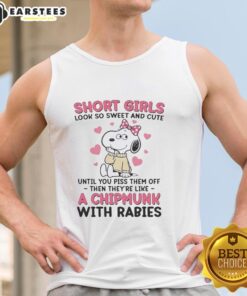 Cute girl in a tank top with Snoopy wearing a pink bow, showcasing a sweet and playful style.