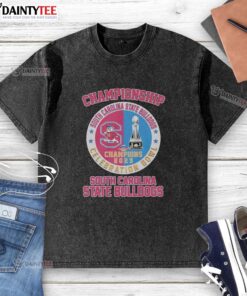 Alt Text: Nice South Carolina State Bulldogs Celebration Bowl Champions 2025 Circle Logo on a washed t-shirt design.