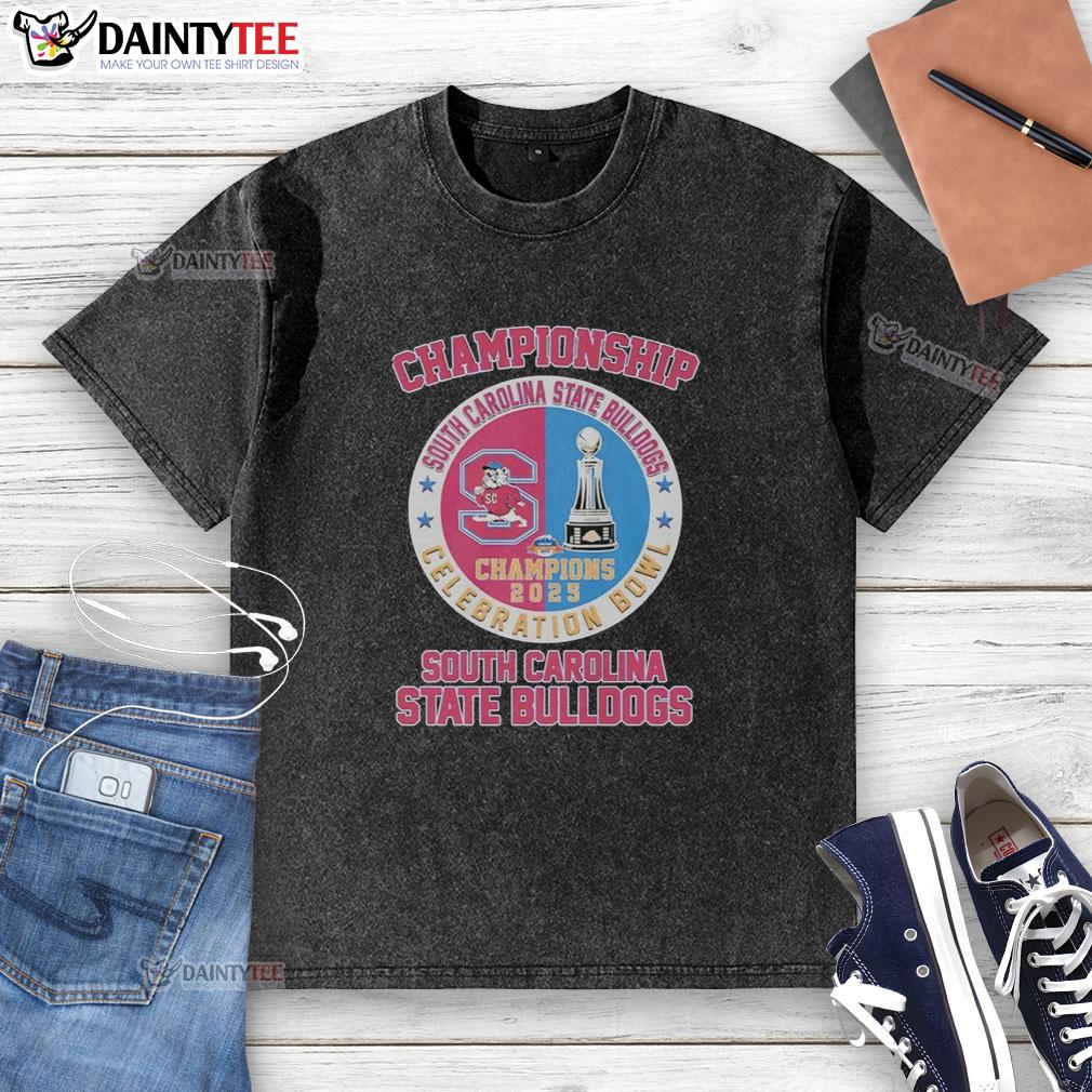 nice-south-carolina-state-bulldogs-celebration-bowl-champions-2025-circle-logo-washed-t-shirt Alt Text: Nice South Carolina State Bulldogs Celebration Bowl Champions 2025 Circle Logo on a washed t-shirt design.