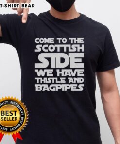 Star Wars-themed t-shirt featuring 'Come to the Scottish Side' with thistle and bagpipes design.