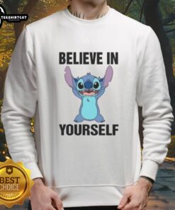 Nice Stitch Believe In Yourself cartoon sweatshirt featuring a colorful design and motivational text for casual wear.